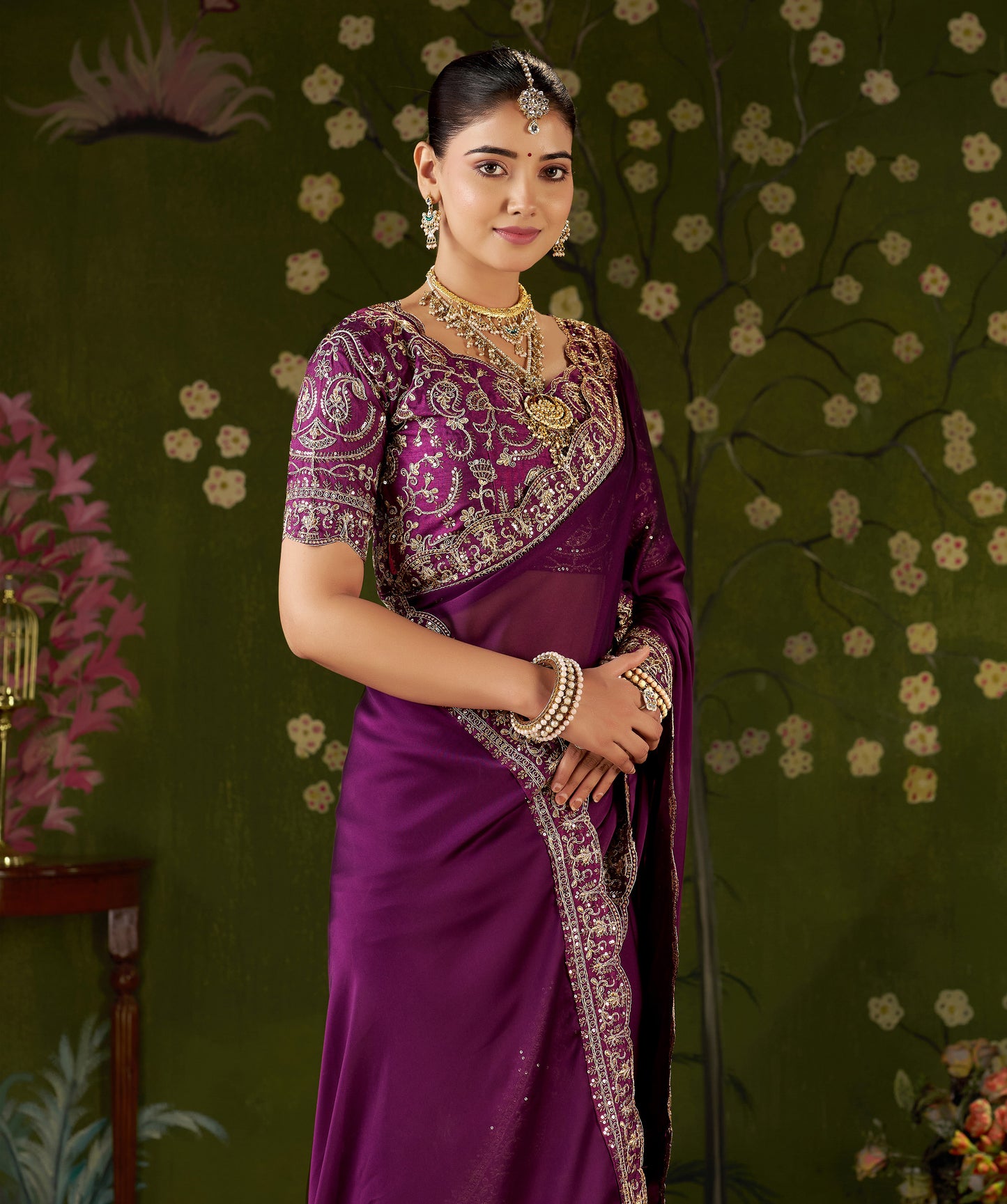 Wine Rangoli Silk Embroidered Cutwork Lace Saree for Women with Designer Blouse Piece