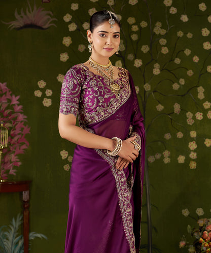 Wine Rangoli Silk Embroidered Cutwork Lace Saree for Women with Designer Blouse Piece