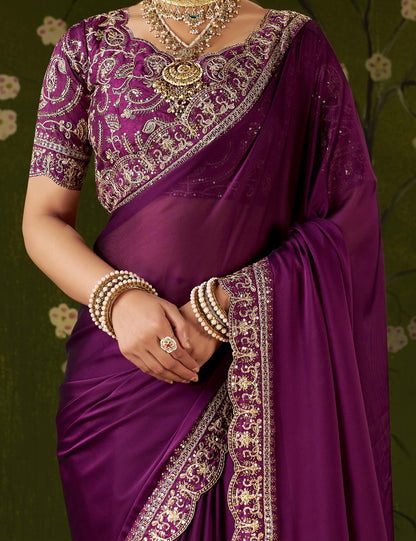 Wine Rangoli Silk Embroidered Cutwork Lace Saree for Women with Designer Blouse Piece