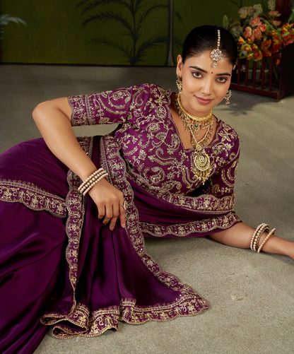 Wine Rangoli Silk Embroidered Cutwork Lace Saree for Women with Designer Blouse Piece