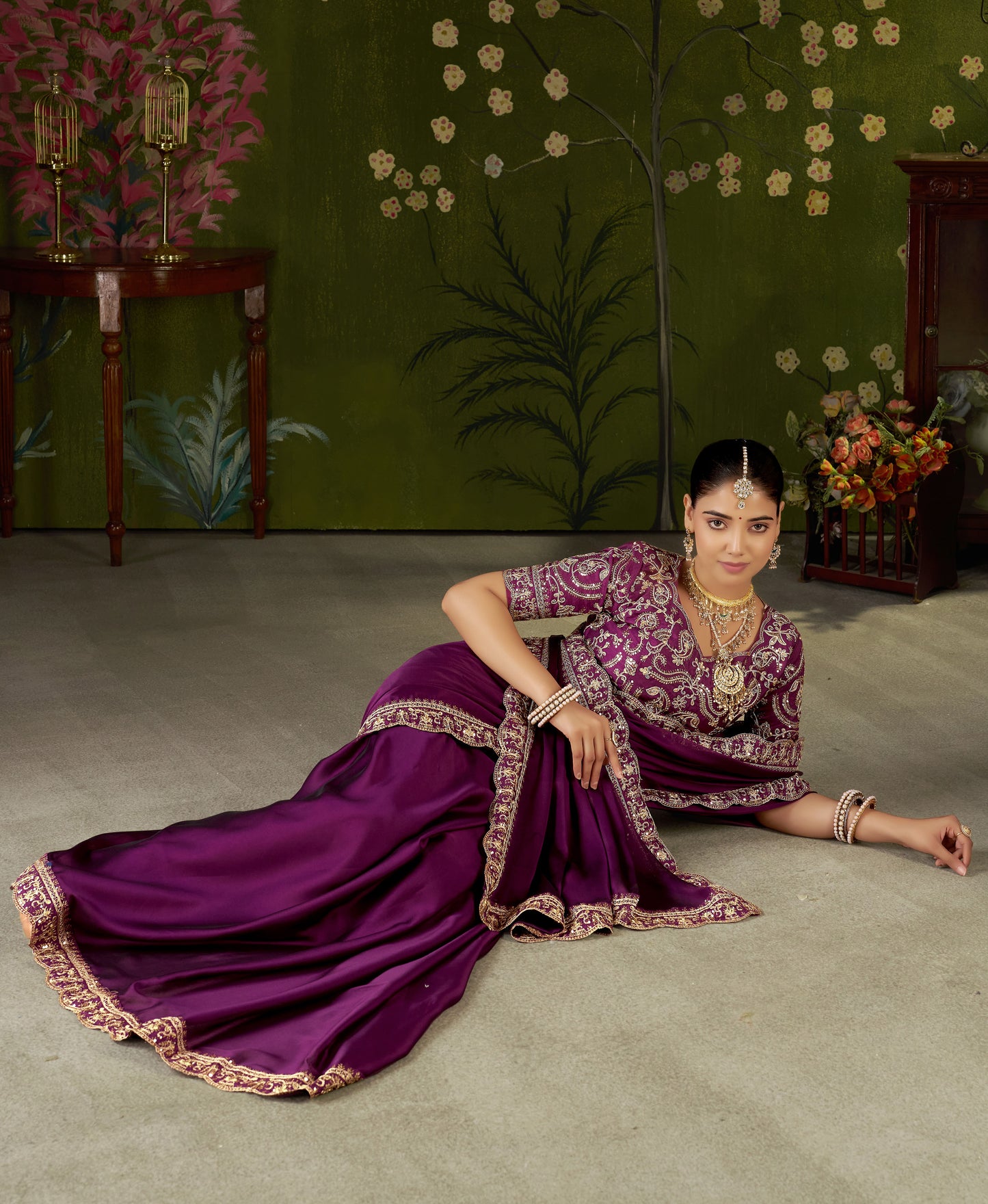 Wine Rangoli Silk Embroidered Cutwork Lace Saree for Women with Designer Blouse Piece