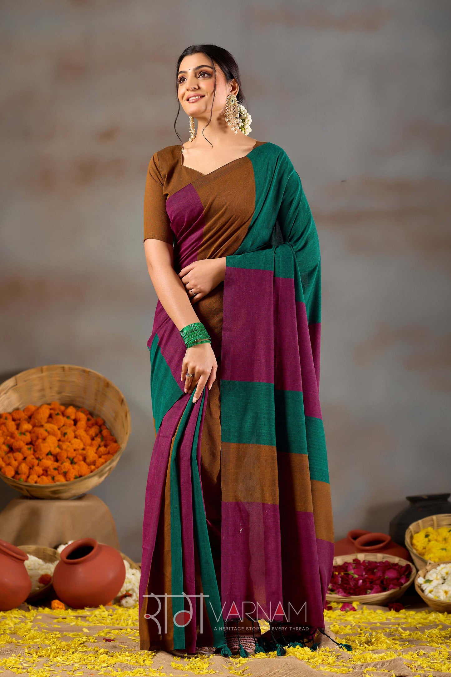 Raag Varnam Rama Green Handloom Khadi Cotton Saree