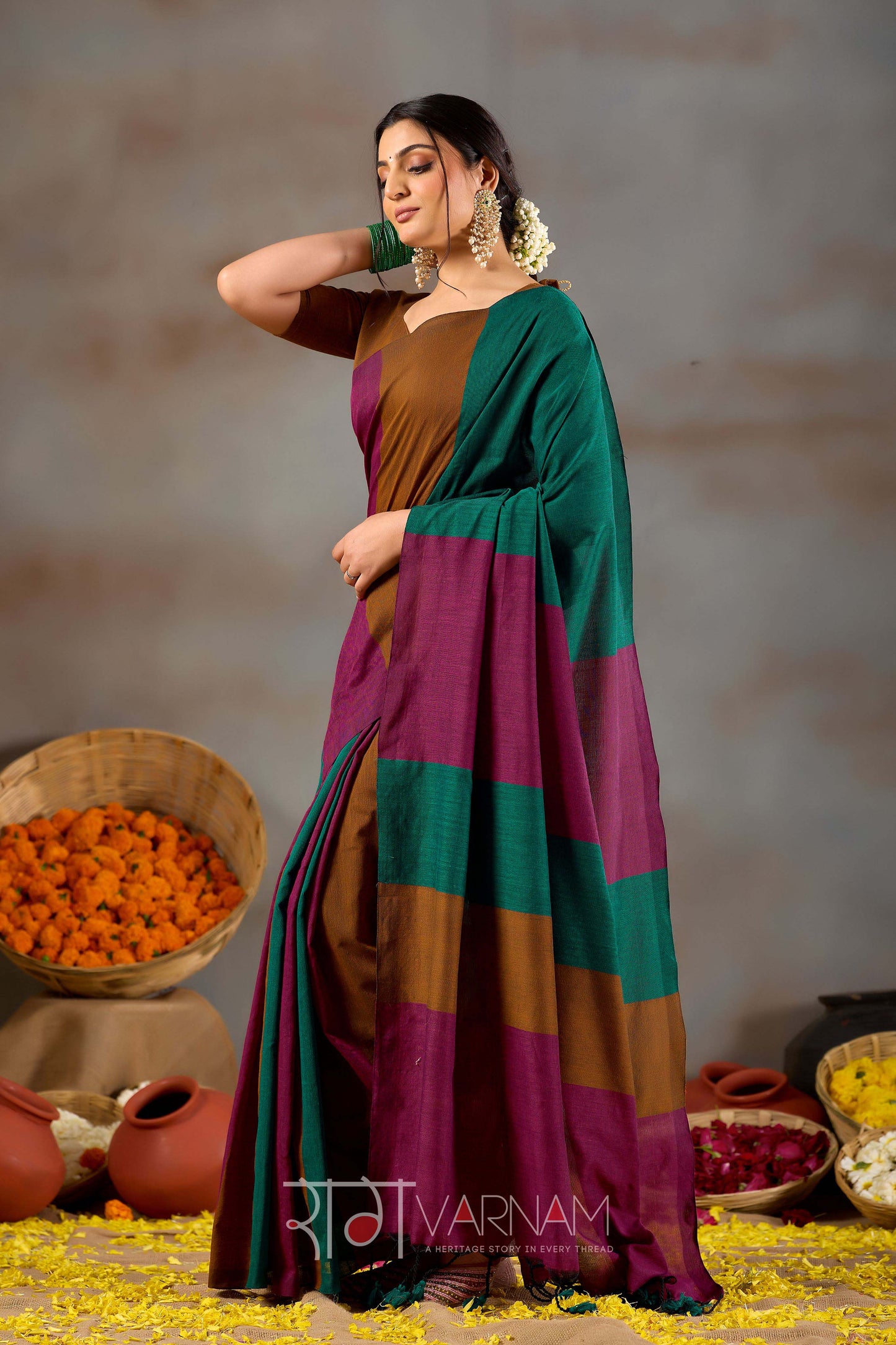 Raag Varnam Rama Green Handloom Khadi Cotton Saree