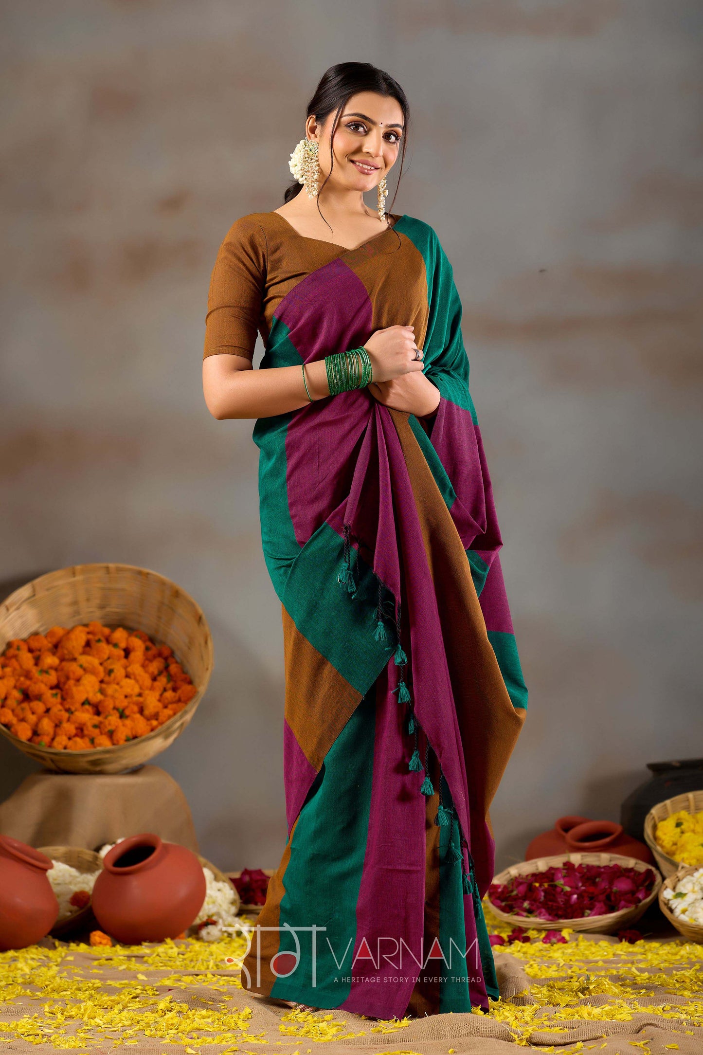 Raag Varnam Rama Green Handloom Khadi Cotton Saree