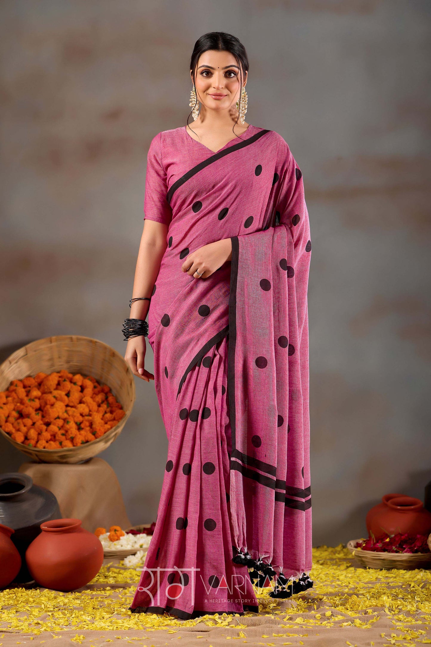 Raag Varnam Pink Handloom Print Cotton Saree