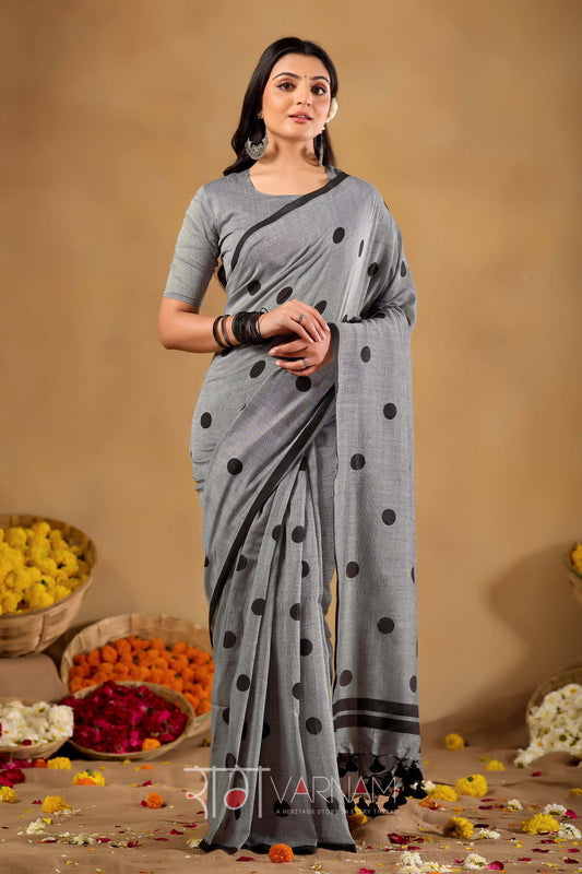 Raag Varnam Grey Handloom Print Cotton Saree