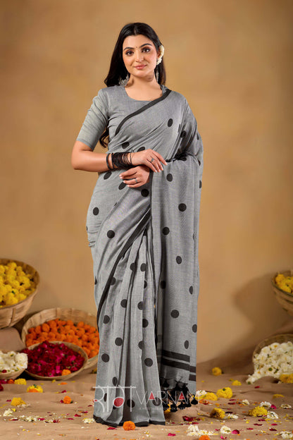 Raag Varnam Grey Handloom Print Cotton Saree