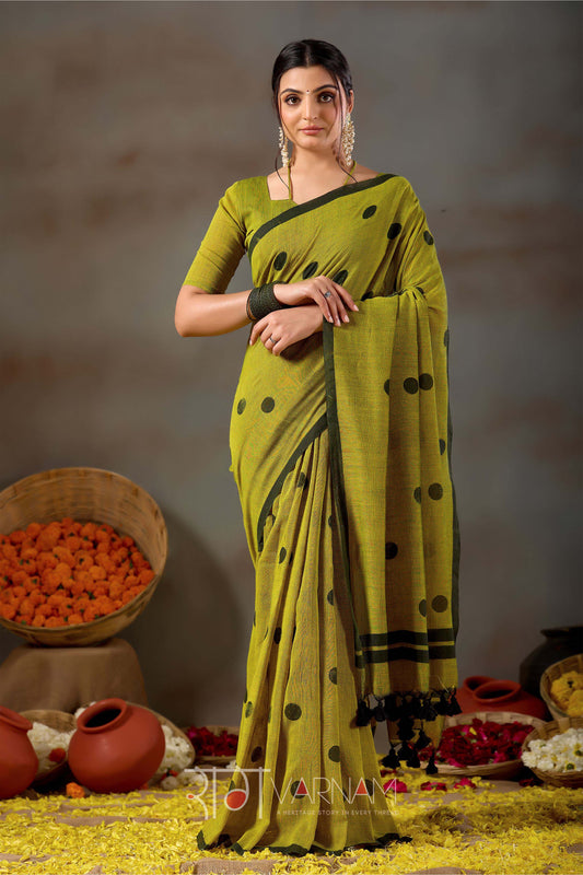 Raag Varnam Mehandi Green Handloom Print Cotton Saree