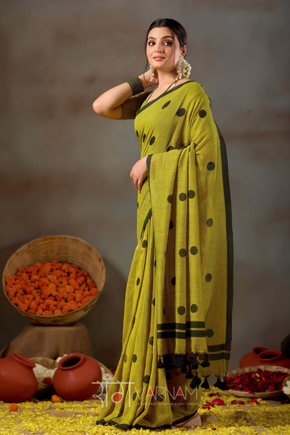 Raag Varnam Mehandi Green Handloom Print Cotton Saree