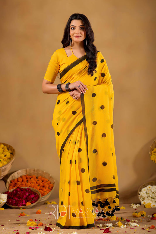 Raag Varnam Mustrad Yellow Handloom Print Cotton Saree