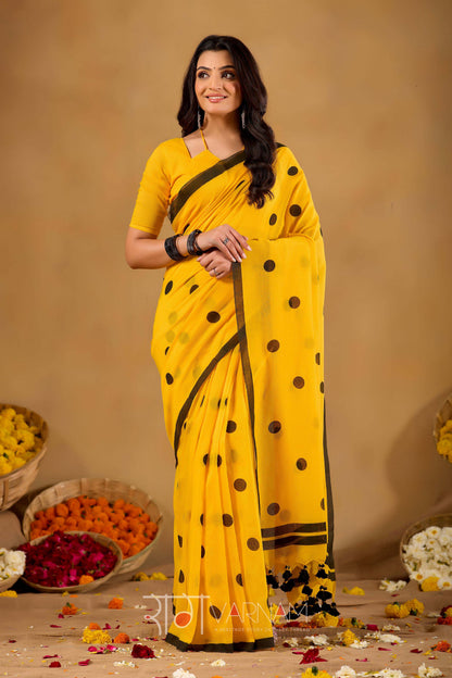 Raag Varnam Mustrad Yellow Handloom Print Cotton Saree