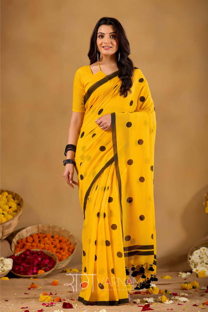 Raag Varnam Mustrad Yellow Handloom Print Cotton Saree