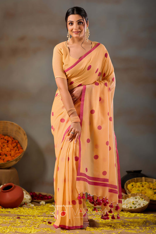 Raag Varnam Yellow Handloom Print Cotton Saree