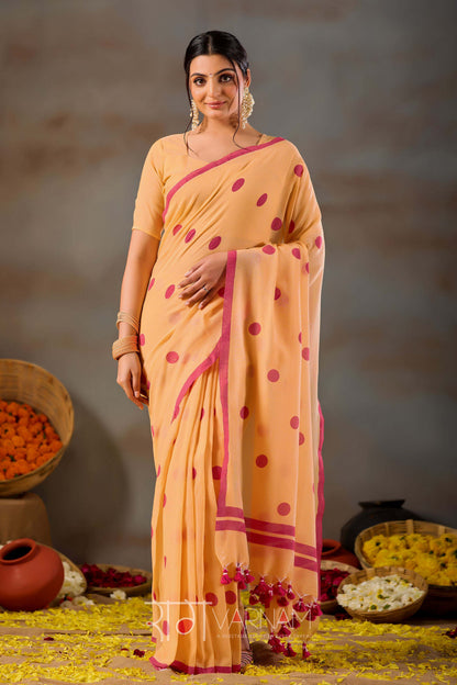 Raag Varnam Yellow Handloom Print Cotton Saree