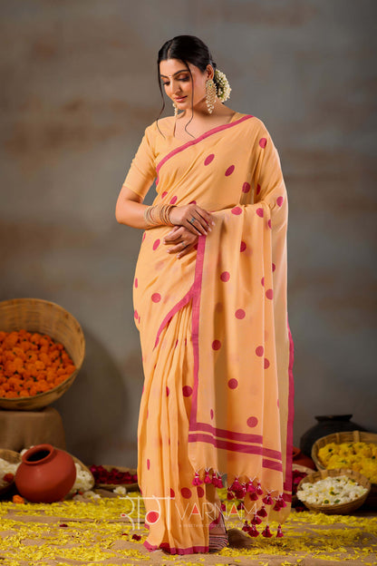 Raag Varnam Yellow Handloom Print Cotton Saree