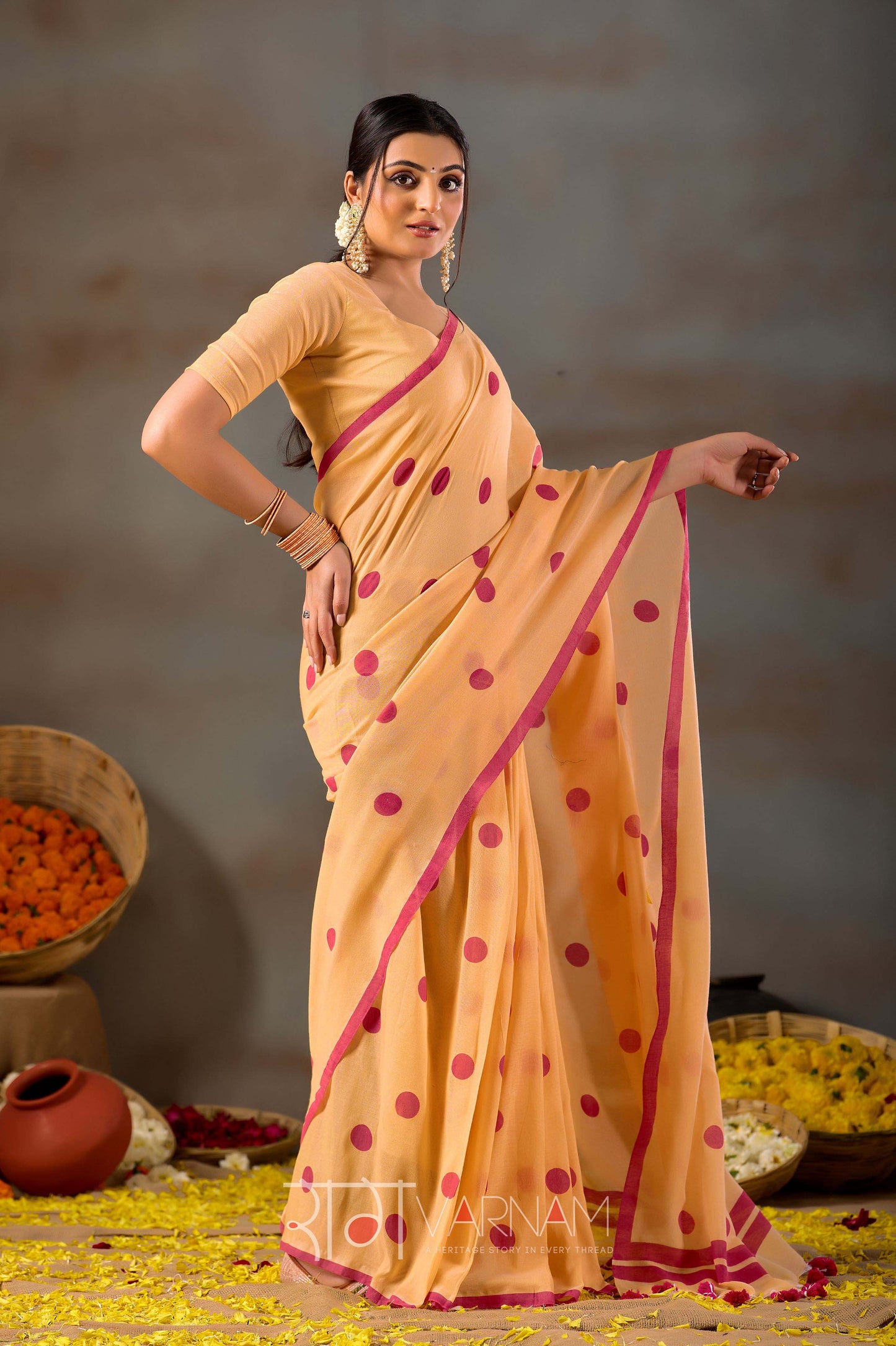 Raag Varnam Yellow Handloom Print Cotton Saree