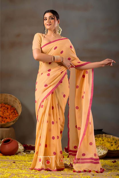 Raag Varnam Yellow Handloom Print Cotton Saree