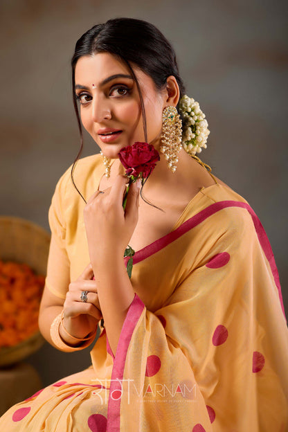 Raag Varnam Yellow Handloom Print Cotton Saree