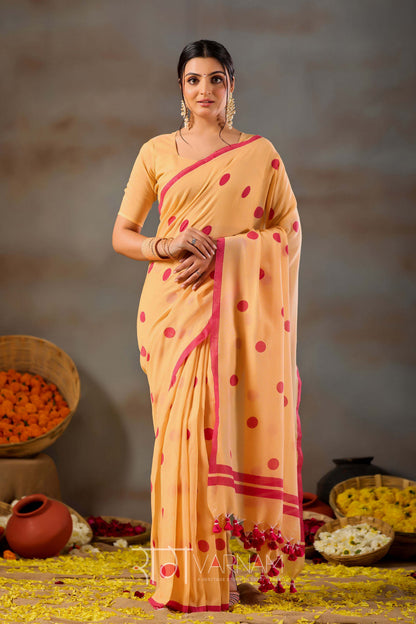 Raag Varnam Yellow Handloom Print Cotton Saree