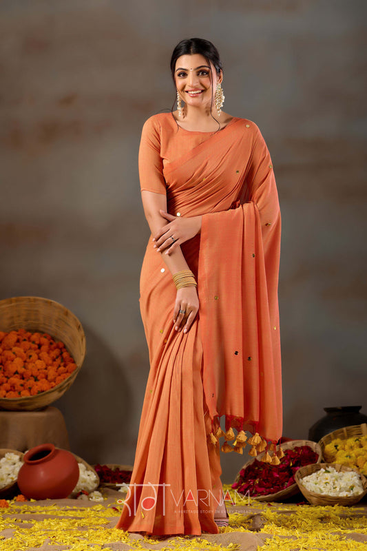 Raag Varnam Orange Handloom Gini Cotton Saree