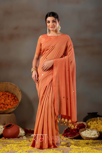 Raag Varnam Orange Handloom Gini Cotton Saree