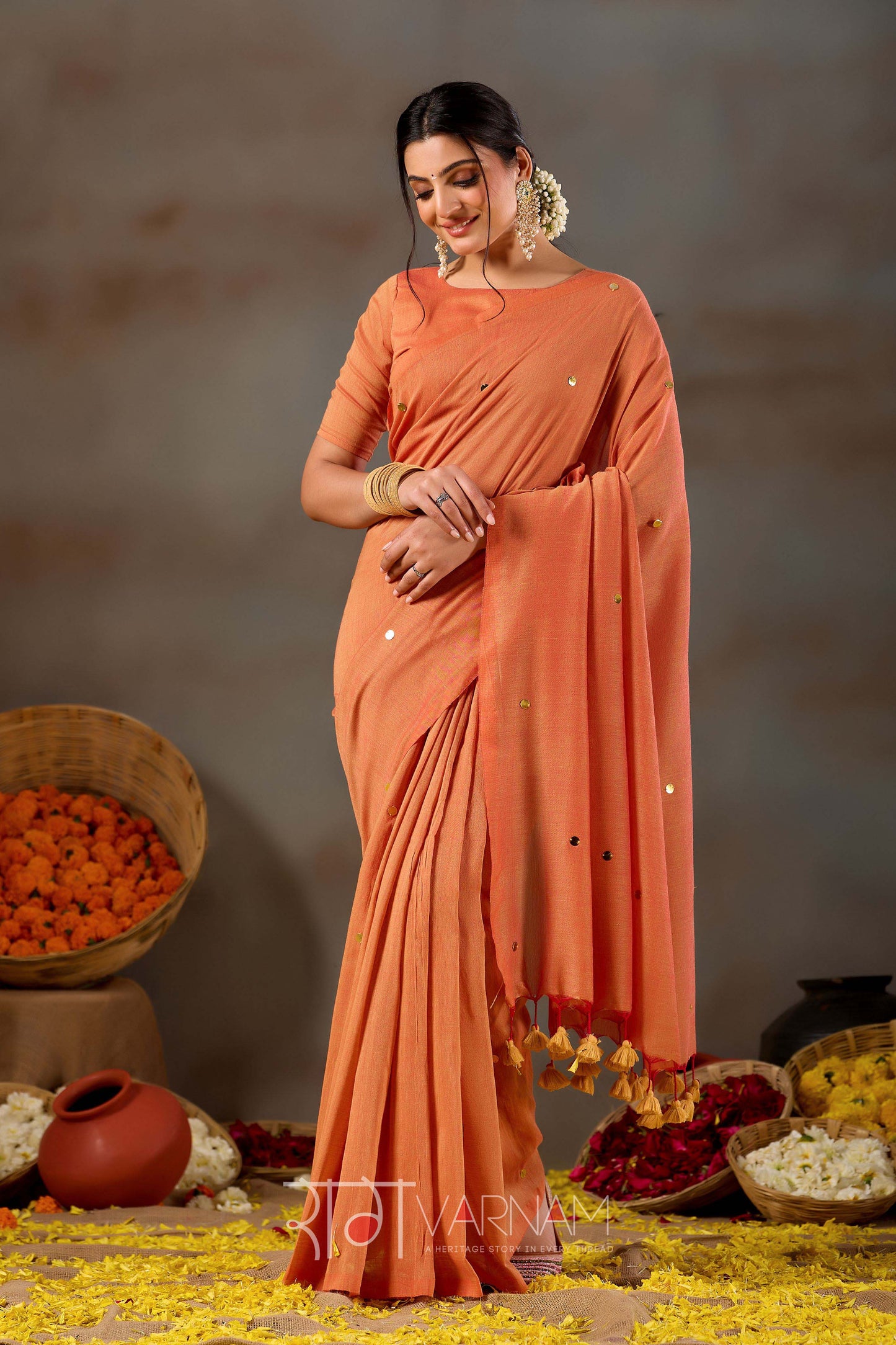 Raag Varnam Orange Handloom Gini Cotton Saree