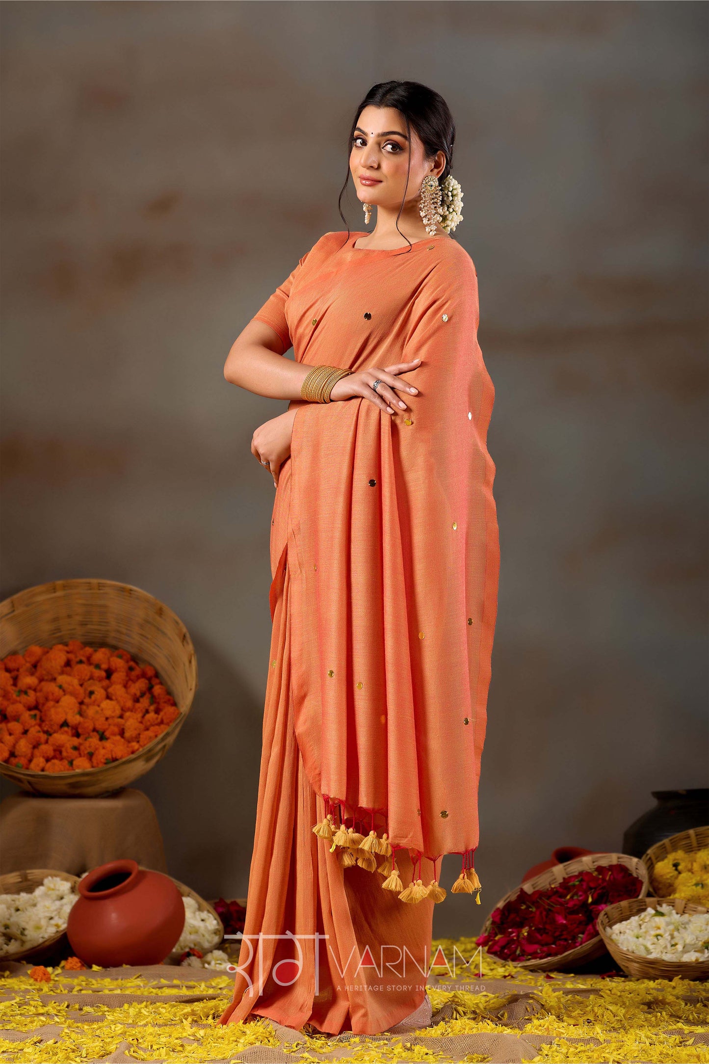 Raag Varnam Orange Handloom Gini Cotton Saree
