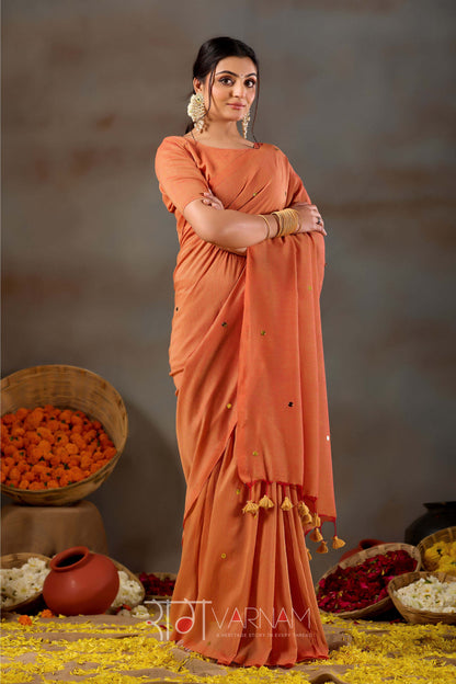 Raag Varnam Orange Handloom Gini Cotton Saree