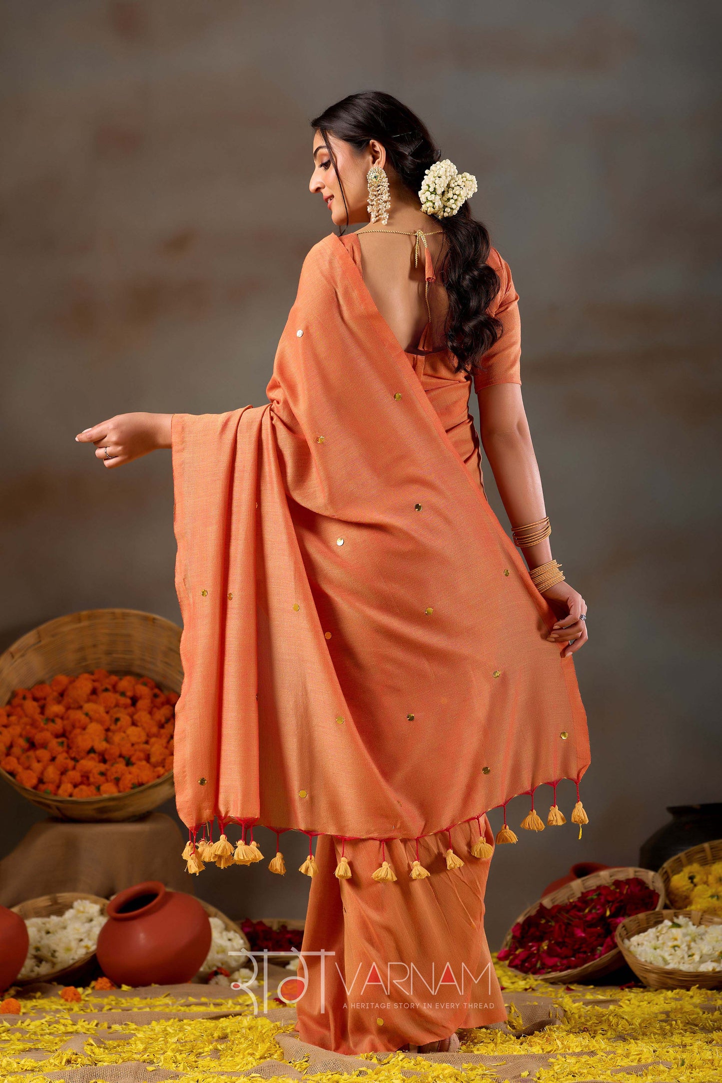 Raag Varnam Orange Handloom Gini Cotton Saree