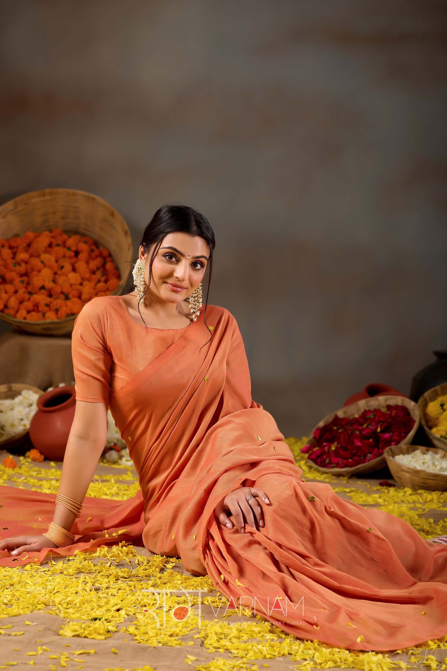 Raag Varnam Orange Handloom Gini Cotton Saree