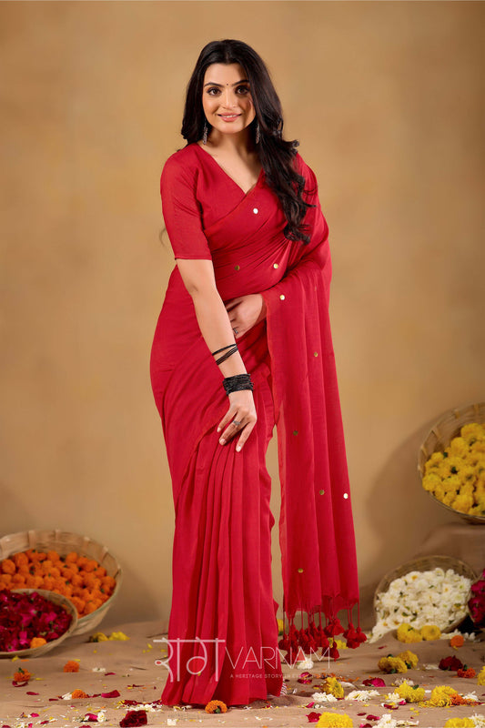 Raag Varnam Red Handloom Gini Cotton Saree