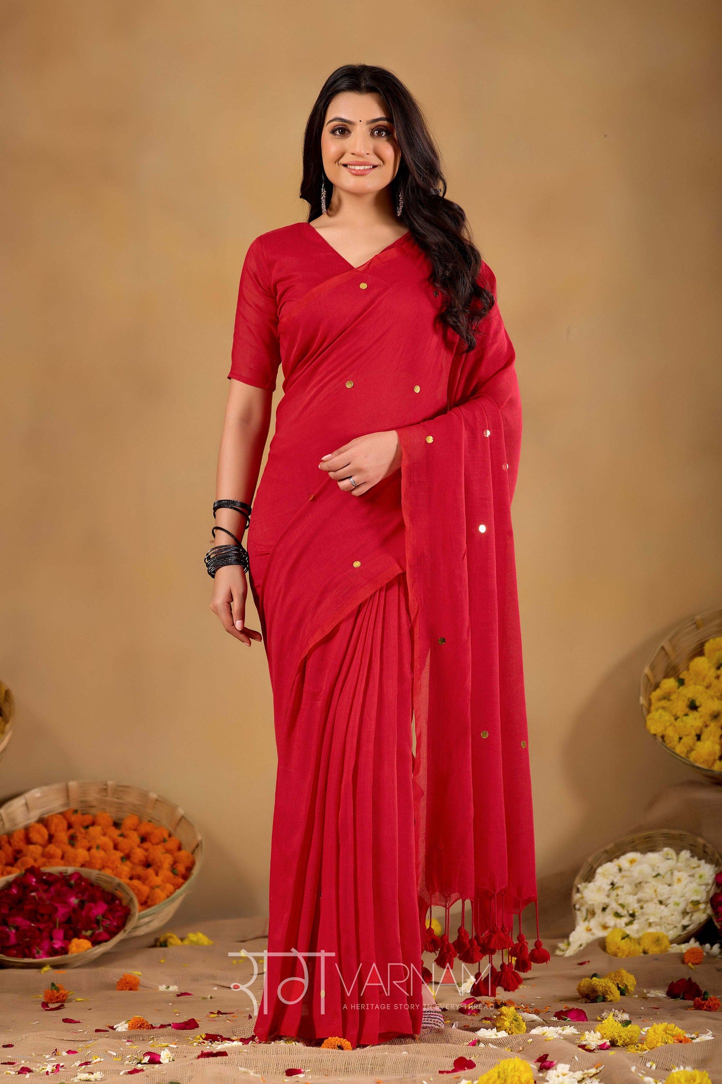 Raag Varnam Red Handloom Gini Cotton Saree