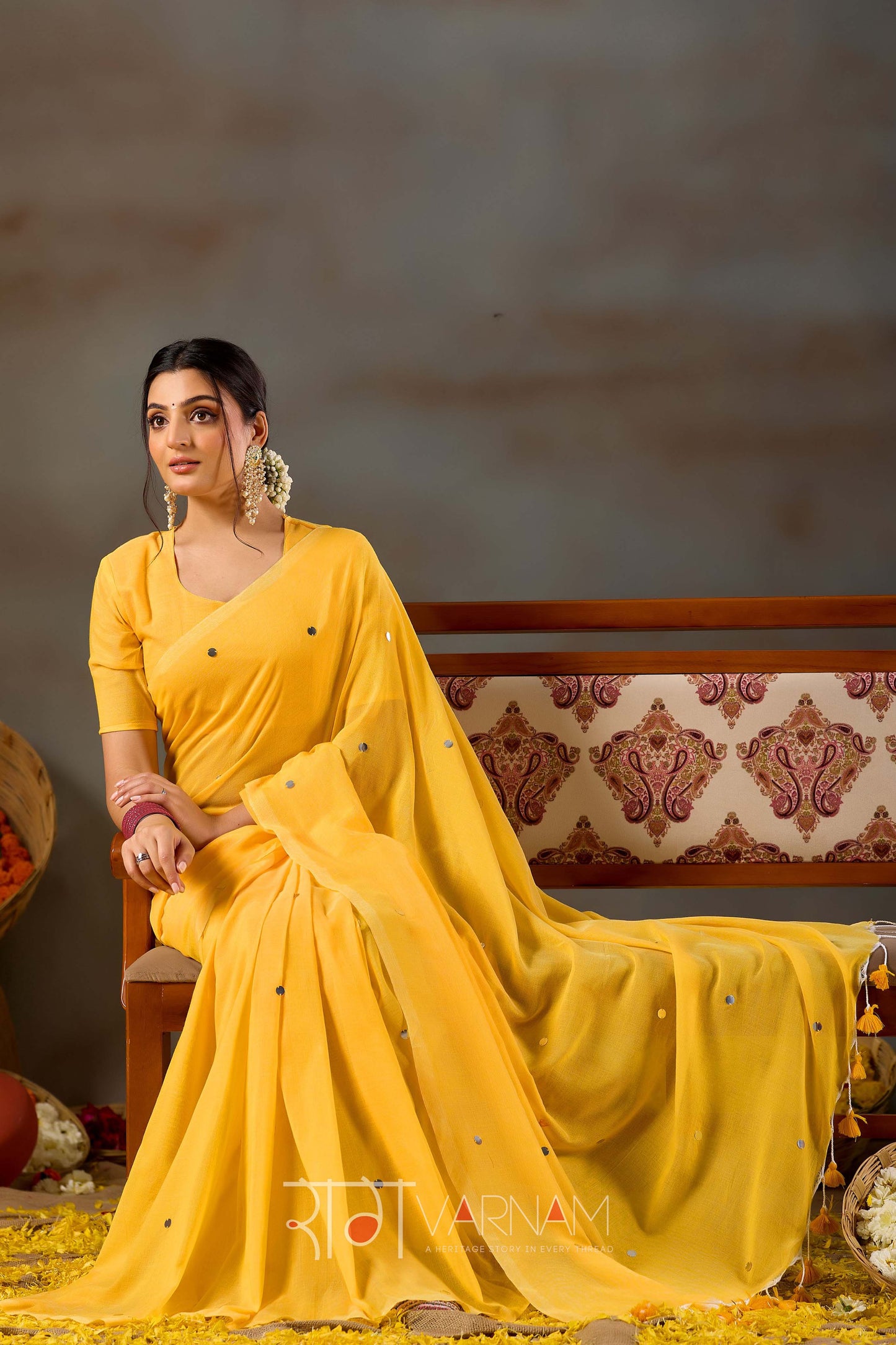 Raag Varnam Yellow Handloom Gini Cotton Saree