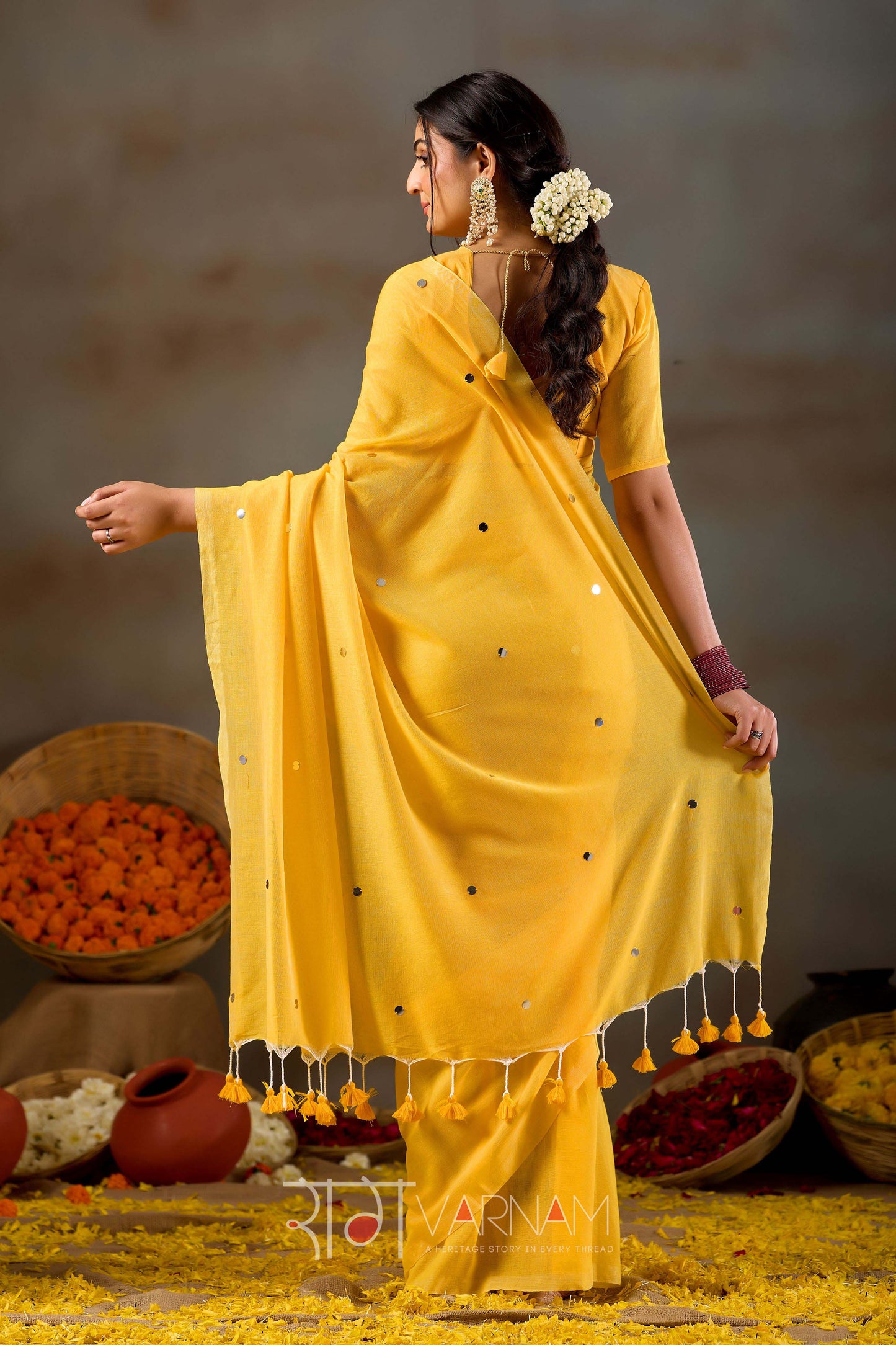 Raag Varnam Yellow Handloom Gini Cotton Saree