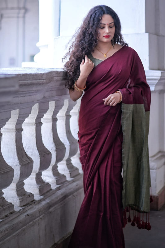 Raag Varnam Maroon Khadi Handloom Saree with Designer Blouse