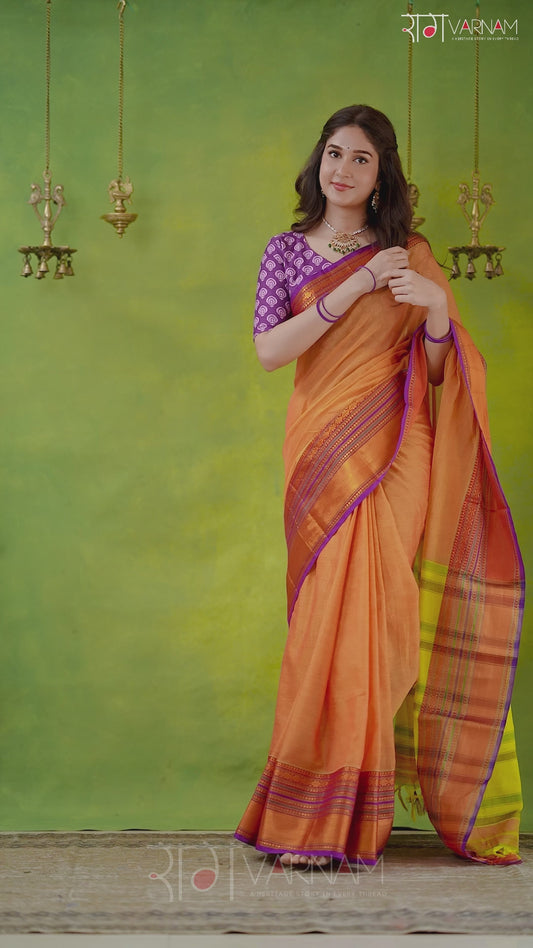 Narayanpet Mustrad Yellow Cotton Saree by Raag Varnam | Mercerized Finish With 2 Blouses Included