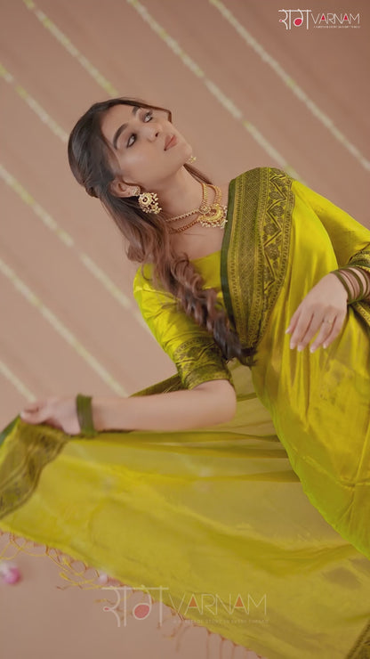 Raag Varnam Yellow Handloom Tissue Saree With Designer Blouse