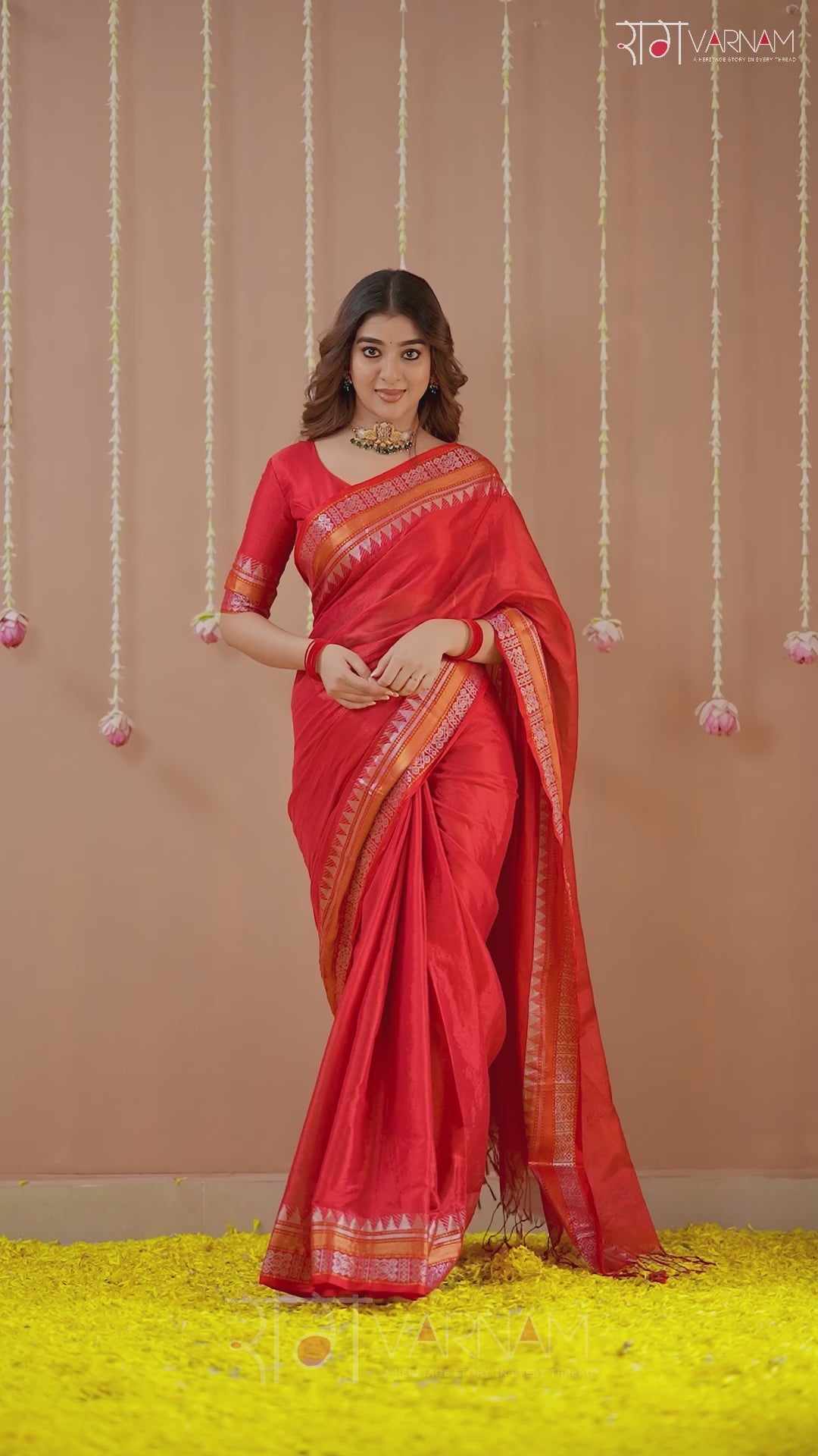 Raag Varnam Red Handloom Tissue Saree With Designer Blouse