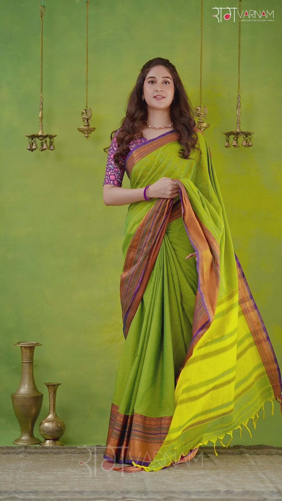 Narayanpet Parrot Green Cotton Saree by Raag Varnam | Mercerized Finish With 2 Blouses Included