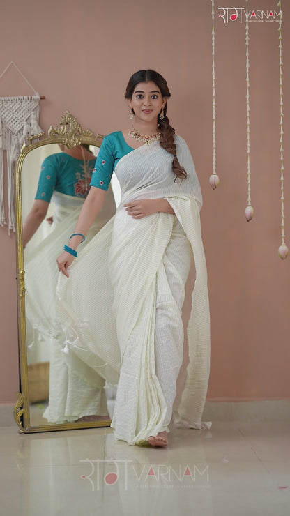 Raag Varnam White Stripe cotton Saree designer Work Blouse