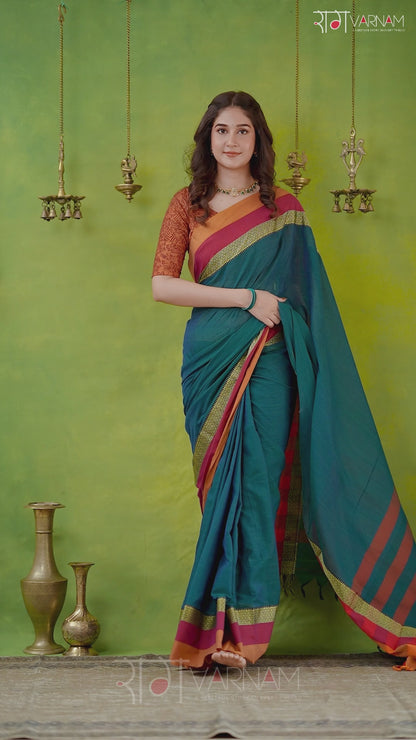 Narayanpet Rama Green Cotton Saree by Raag Varnam | Mercerized Finish With 2 Blouses Included