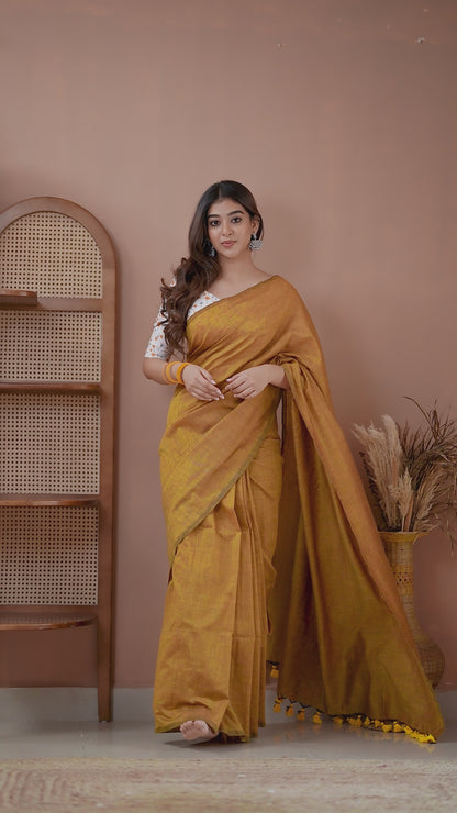 Raag Varnam Mustard Handloom Cotton Saree with Designer Printed Blouse