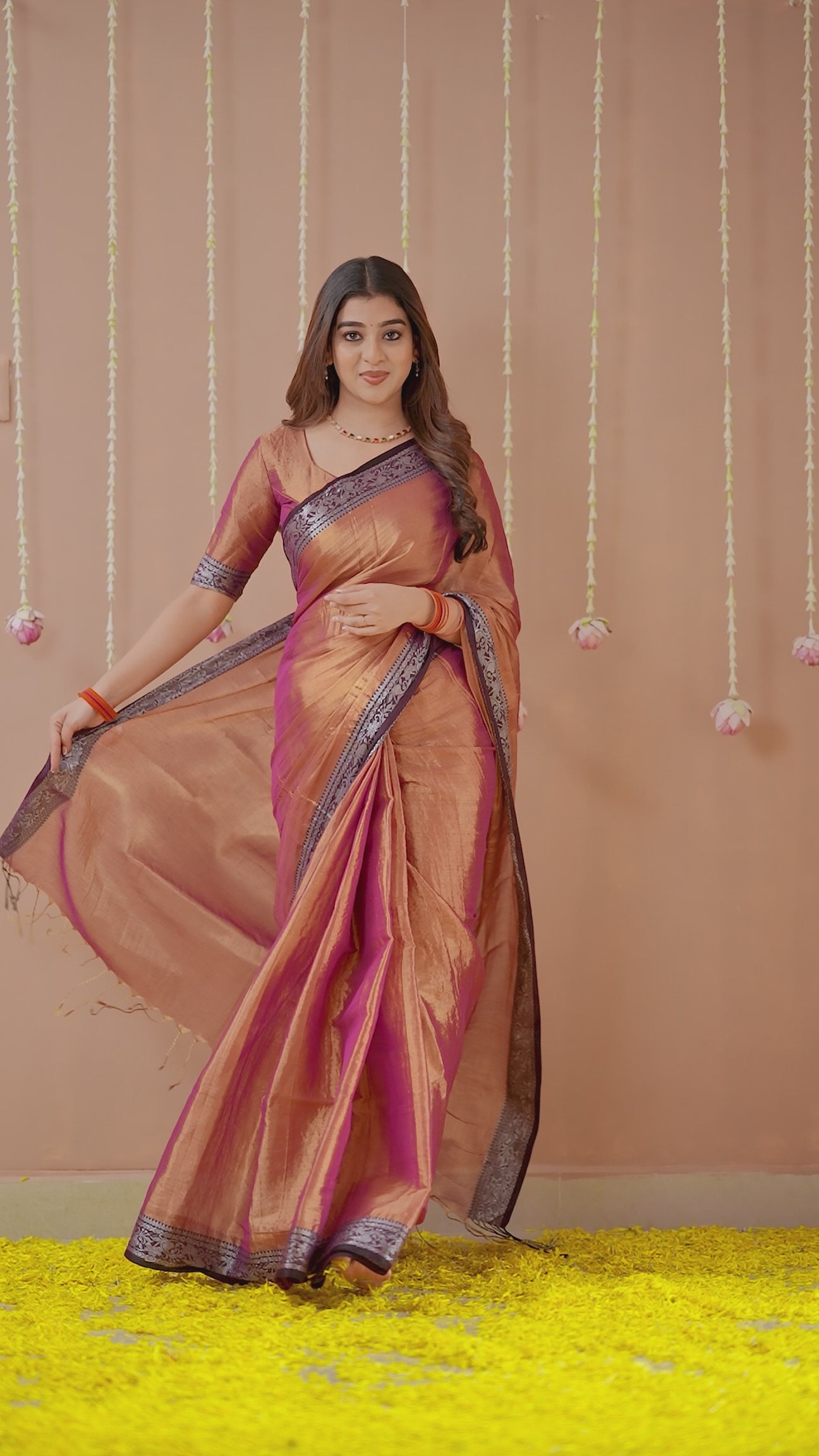 Raag Varnam Brown Handloom Tissue Saree With Designer Blouse