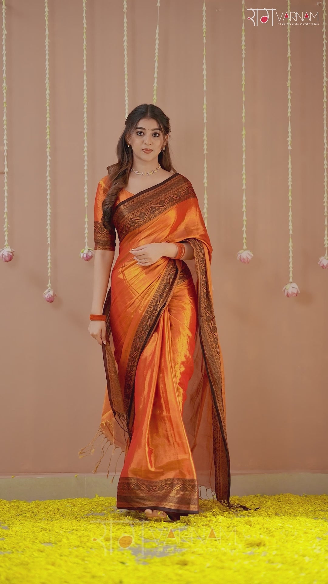 Raag Varnam Orange Handloom Tissue Saree With Designer Blouse