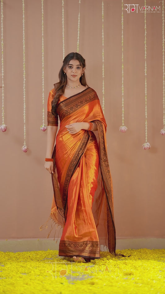 Raag Varnam Orange Handloom Tissue Saree With Designer Blouse