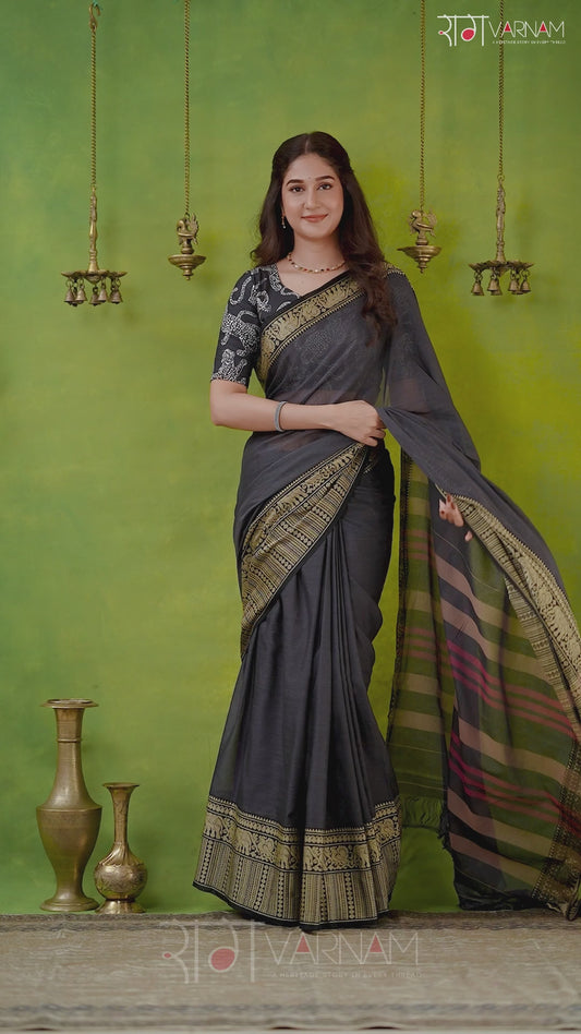 Narayanpet Grey Cotton Saree by Raag Varnam | Mercerized Finish With 2 Blouses Included