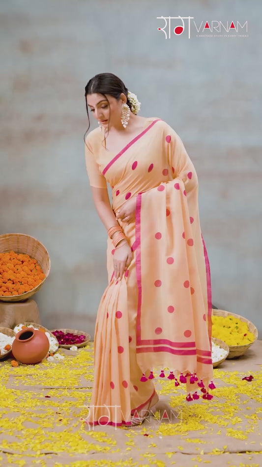 Raag Varnam Yellow Handloom Print Cotton Saree