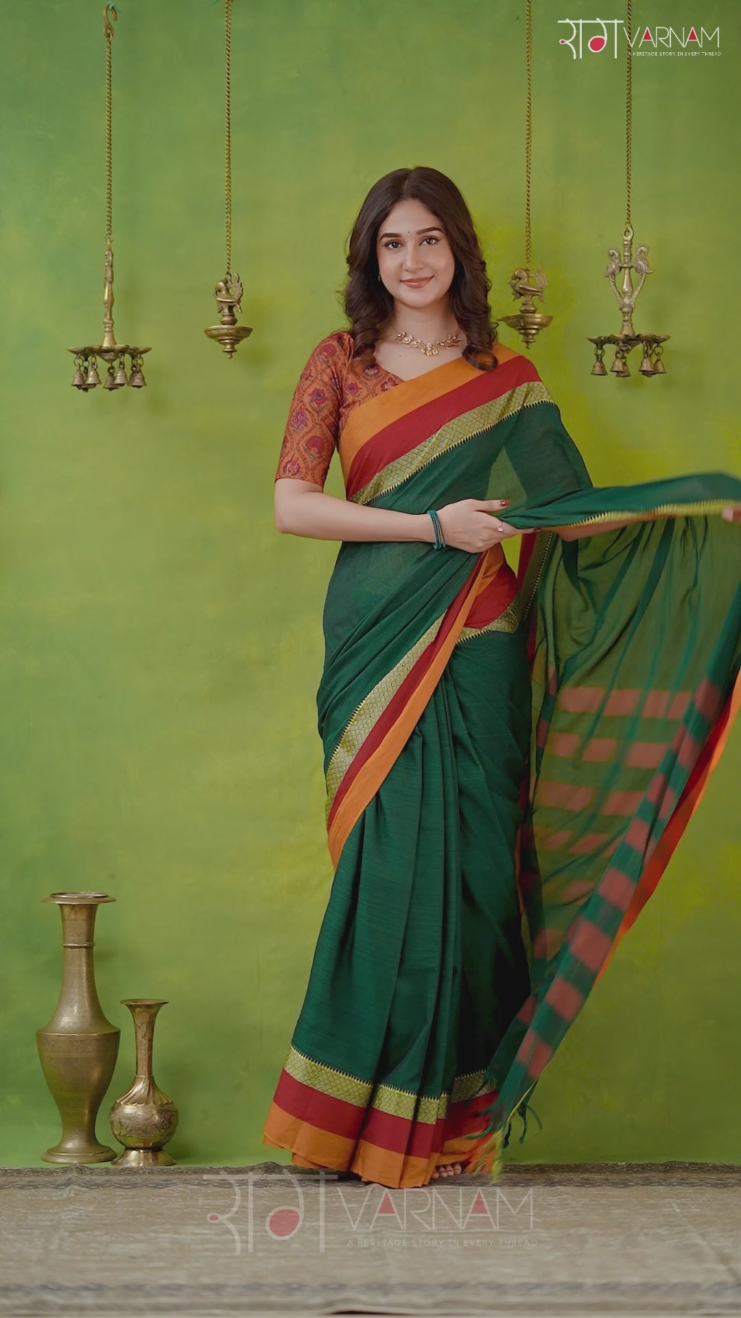 Narayanpet Green Cotton Saree by Raag Varnam | Mercerized Finish With 2 Blouses Included
