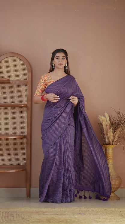 Raag Varnam Violet Stripe Cotton Saree with Designer Printed Blouse