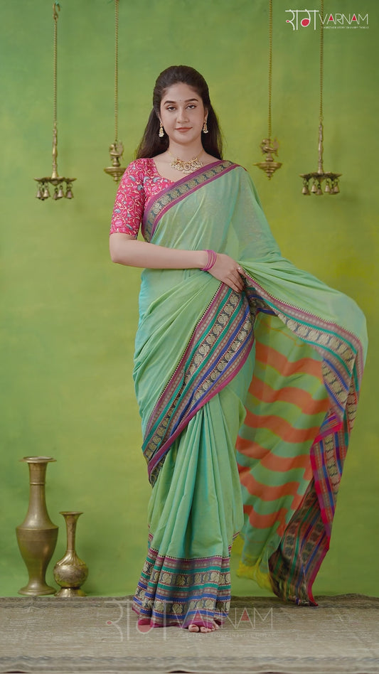 Narayanpet Green Cotton Saree by Raag Varnam | Mercerized Finish With 2 Blouses Included